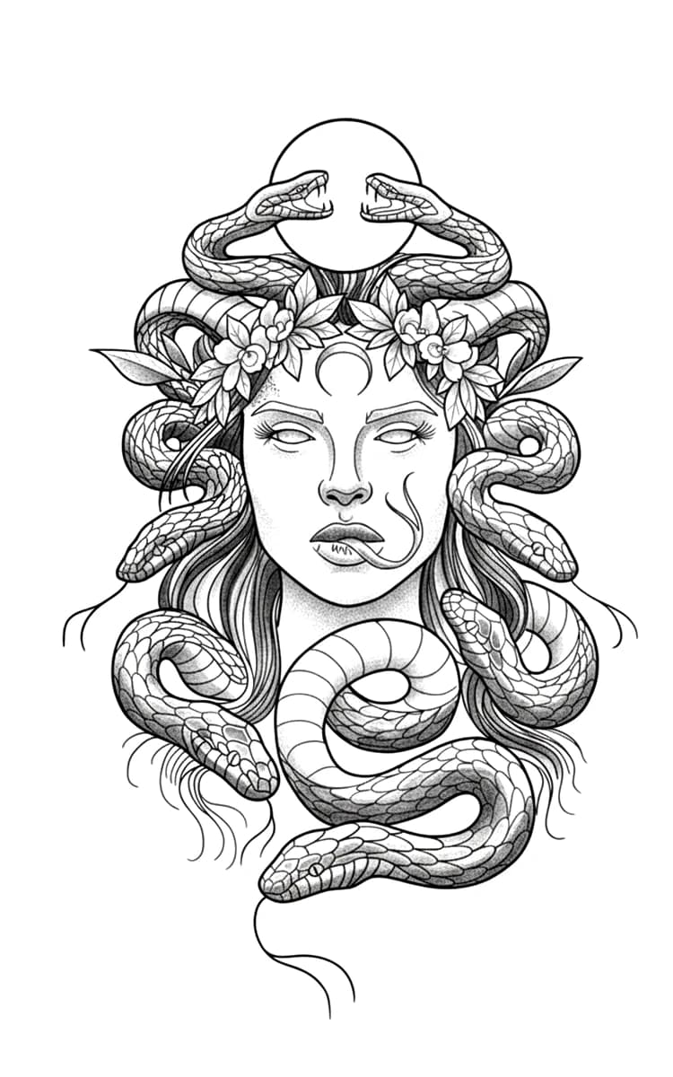 Illustrative blackwork Medusa tattoo with snakes, cherry blossoms, and crescent moon details in dotwork shading.