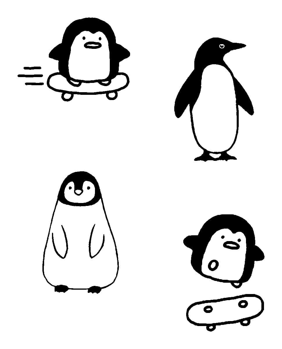 Four minimalist cartoon penguin tattoos, including skateboarding and standing poses in black ink.