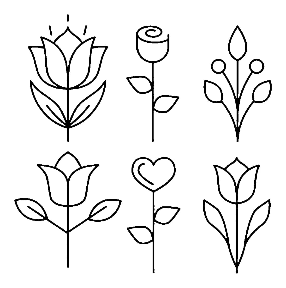 Six minimalist fine-line floral and heart-shaped tattoo designs on a plain white background.