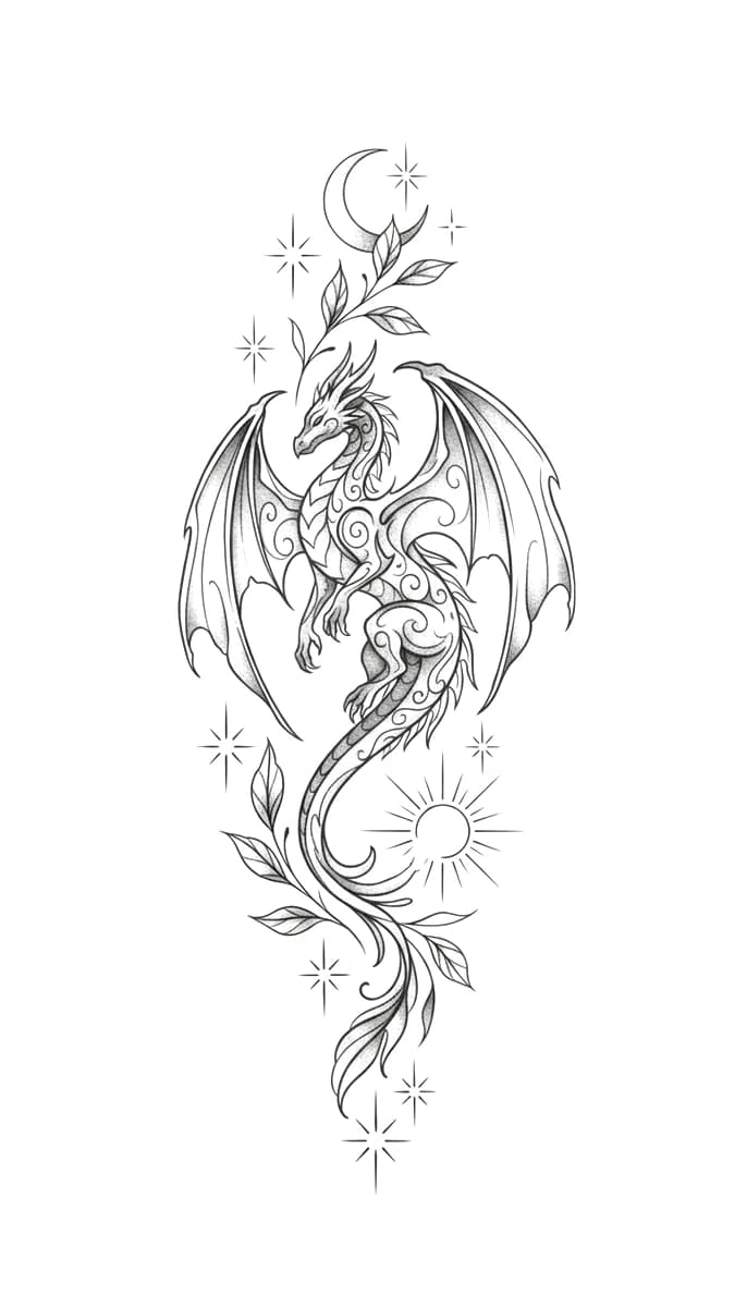 Fine line celestial dragon tattoo design with crescent moon, sunburst, leafy vines, and sparkle stars.