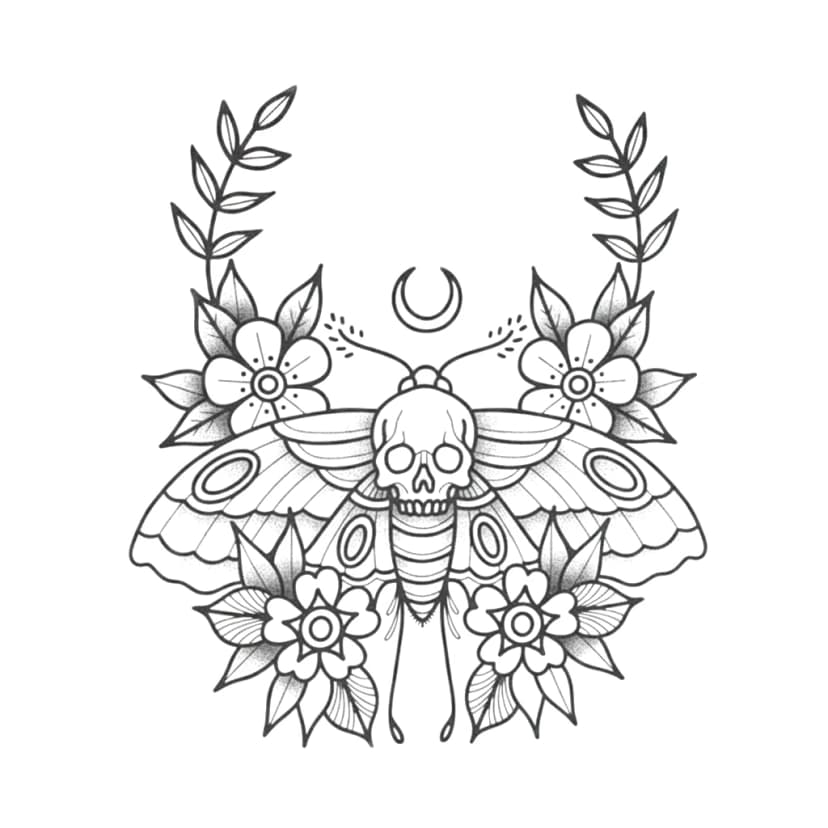 Blackwork moth skull tattoo design framed by cherry blossoms and a crescent moon.