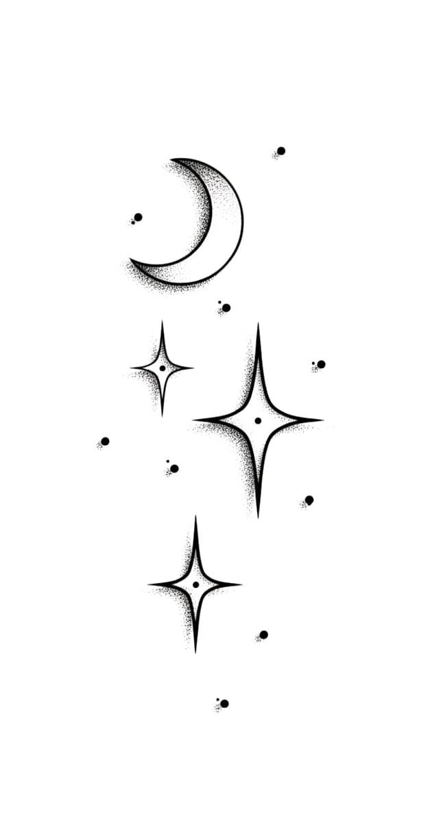 Delicate blackwork crescent moon and four-pointed stars with stippled dotwork shading.