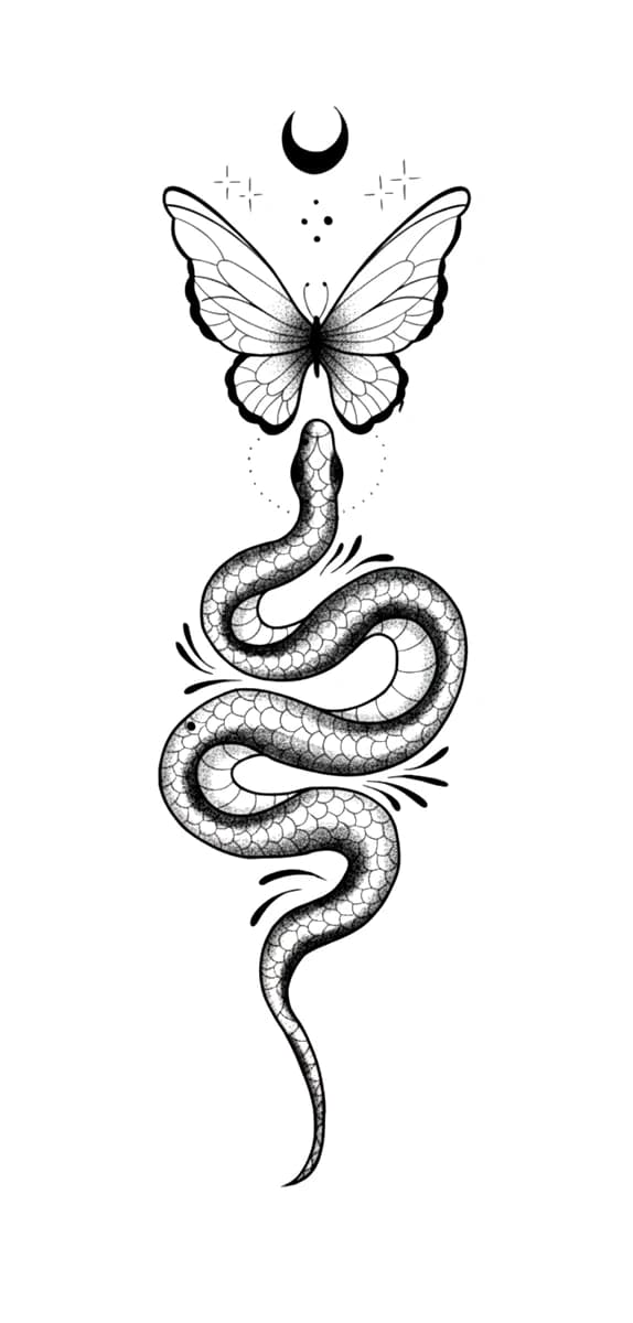Illustrative blackwork tattoo design of an ascending coiled snake with dotwork scales beneath a butterfly and crescent moon.