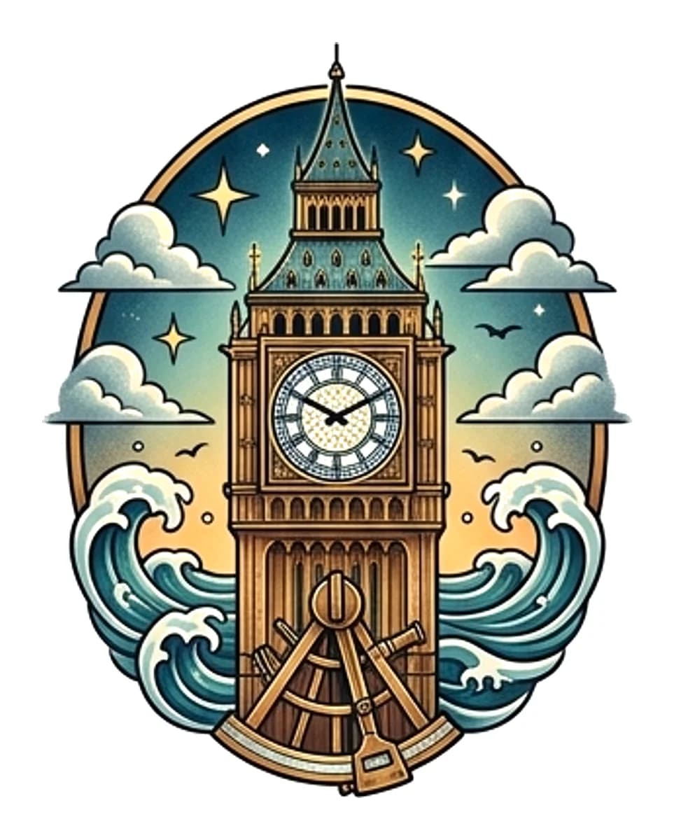 Neo-traditional Big Ben clock tower enclosed in an oval frame with ocean waves, a sextant, and starry sky.