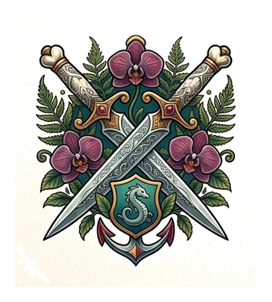 Neo-traditional crossed daggers framed by vibrant purple orchids, green fern fronds, an anchor, and a seahorse crest.