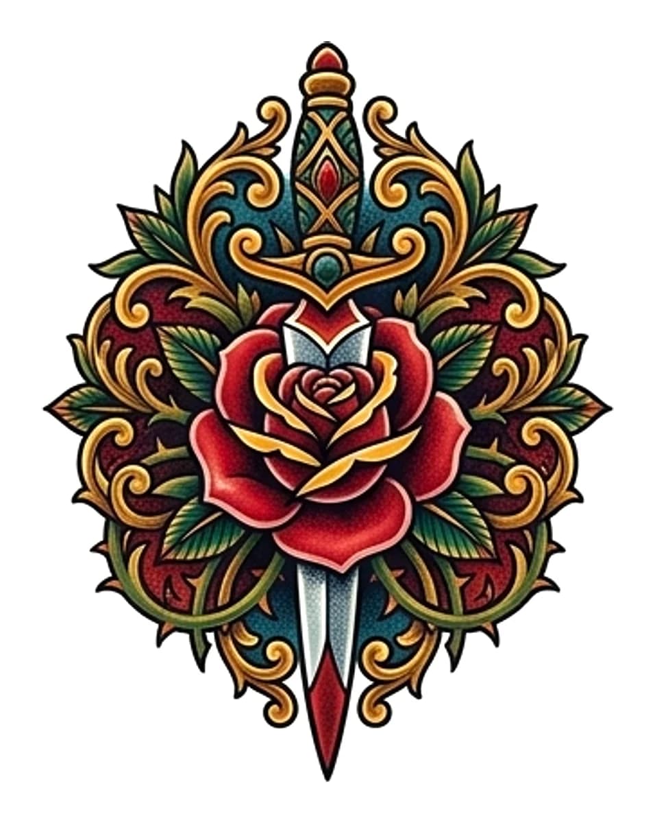 Neo-traditional style dagger piercing a red rose framed by ornate gold filigree and green leaves.
