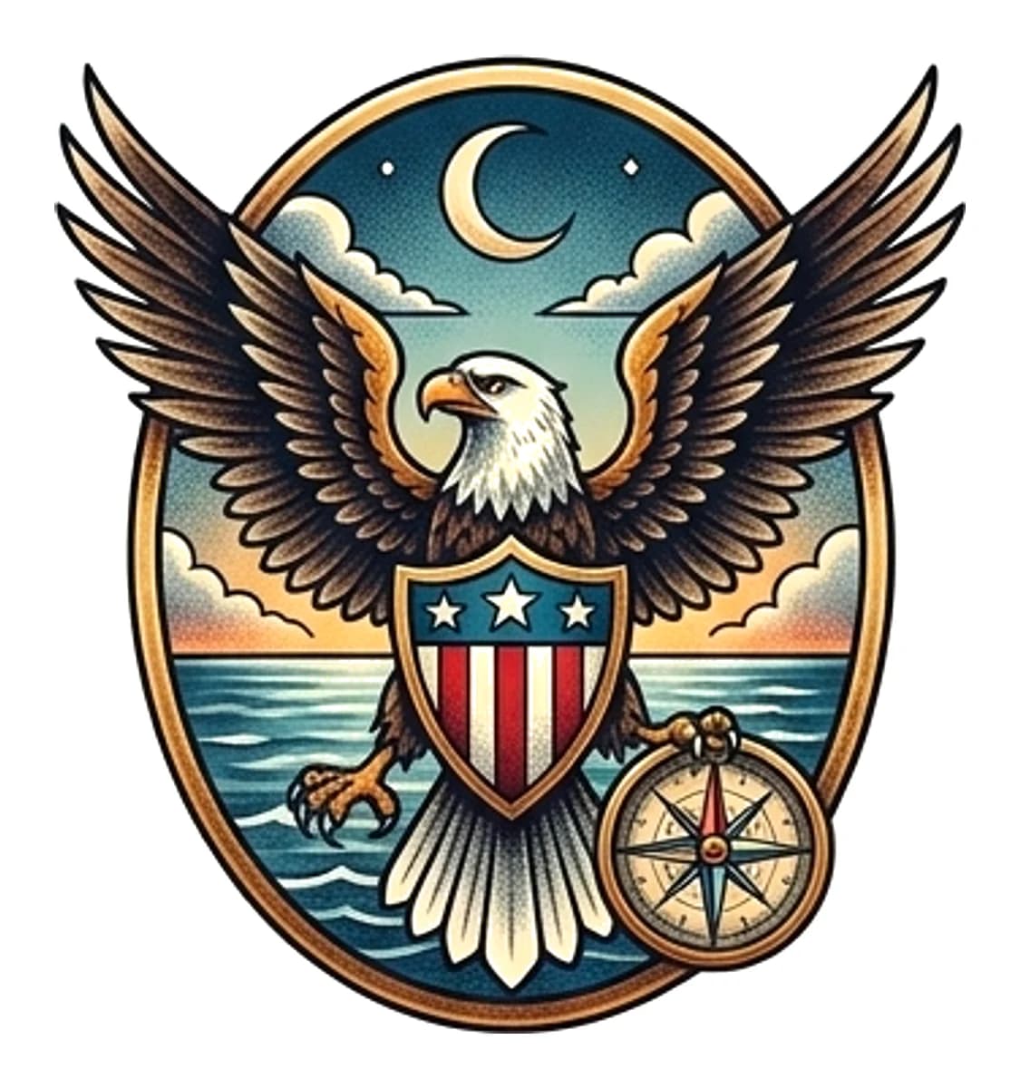Neo-traditional bald eagle tattoo design with shield, compass rose, crescent moon, and ocean framed in an oval.