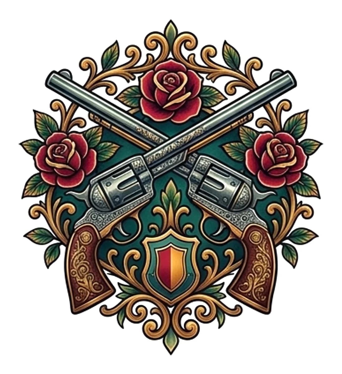 Neo-traditional tattoo design featuring crossed revolvers framed by blooming red roses and ornate golden scrollwork.