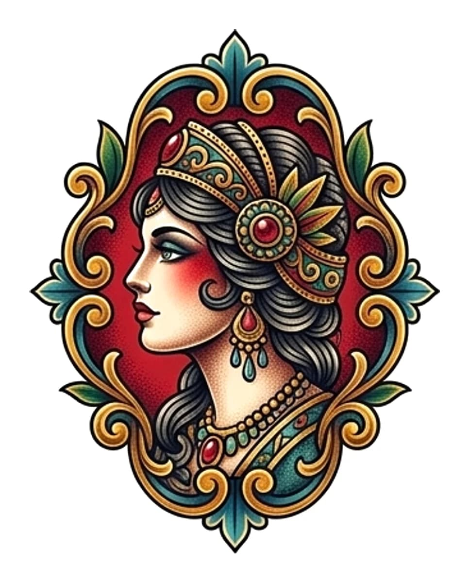 Neo-traditional female portrait in an ornate gold filigree frame with teal and red details