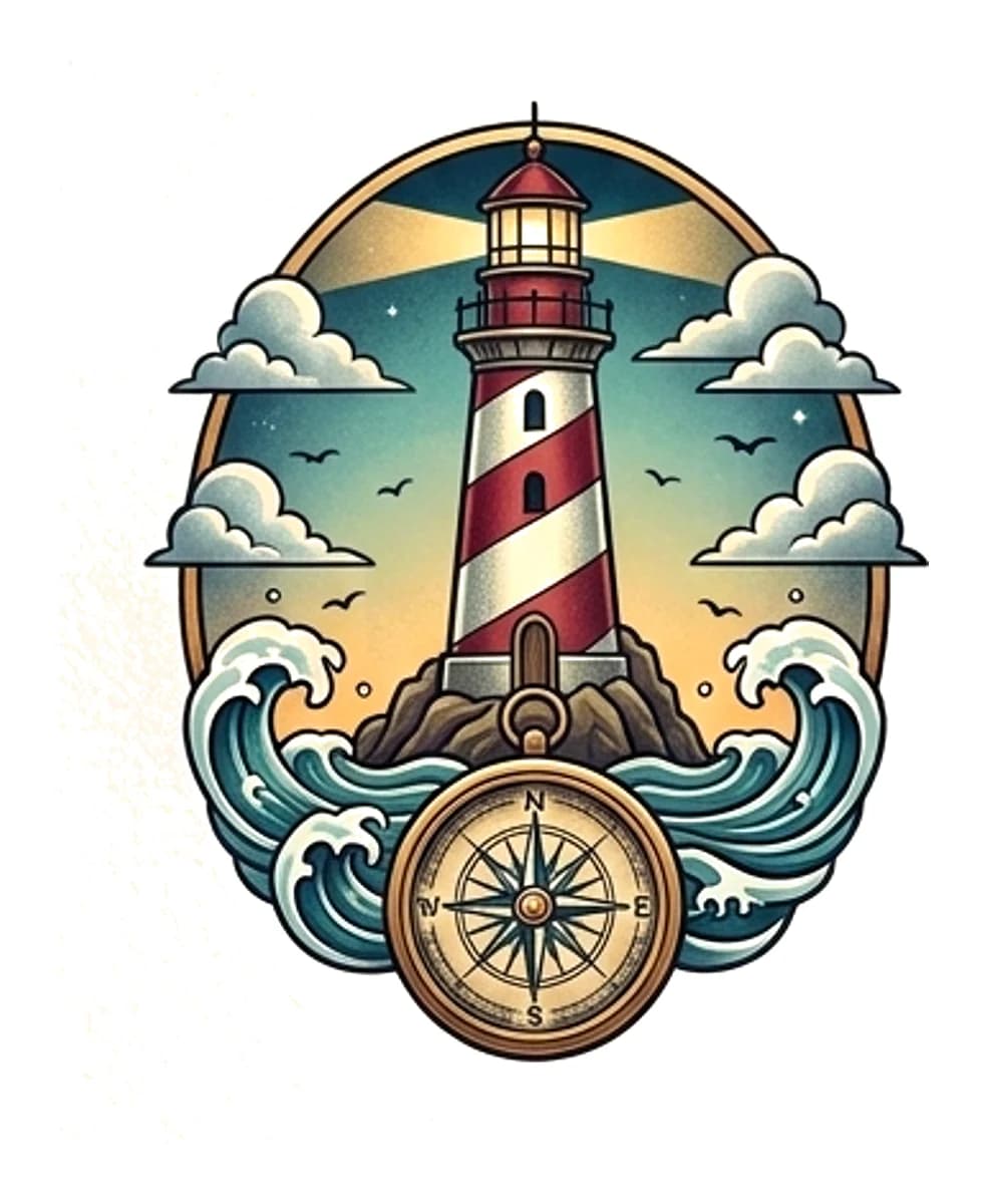 Neo-traditional tattoo design of a red and white lighthouse over ocean waves with a nautical compass.