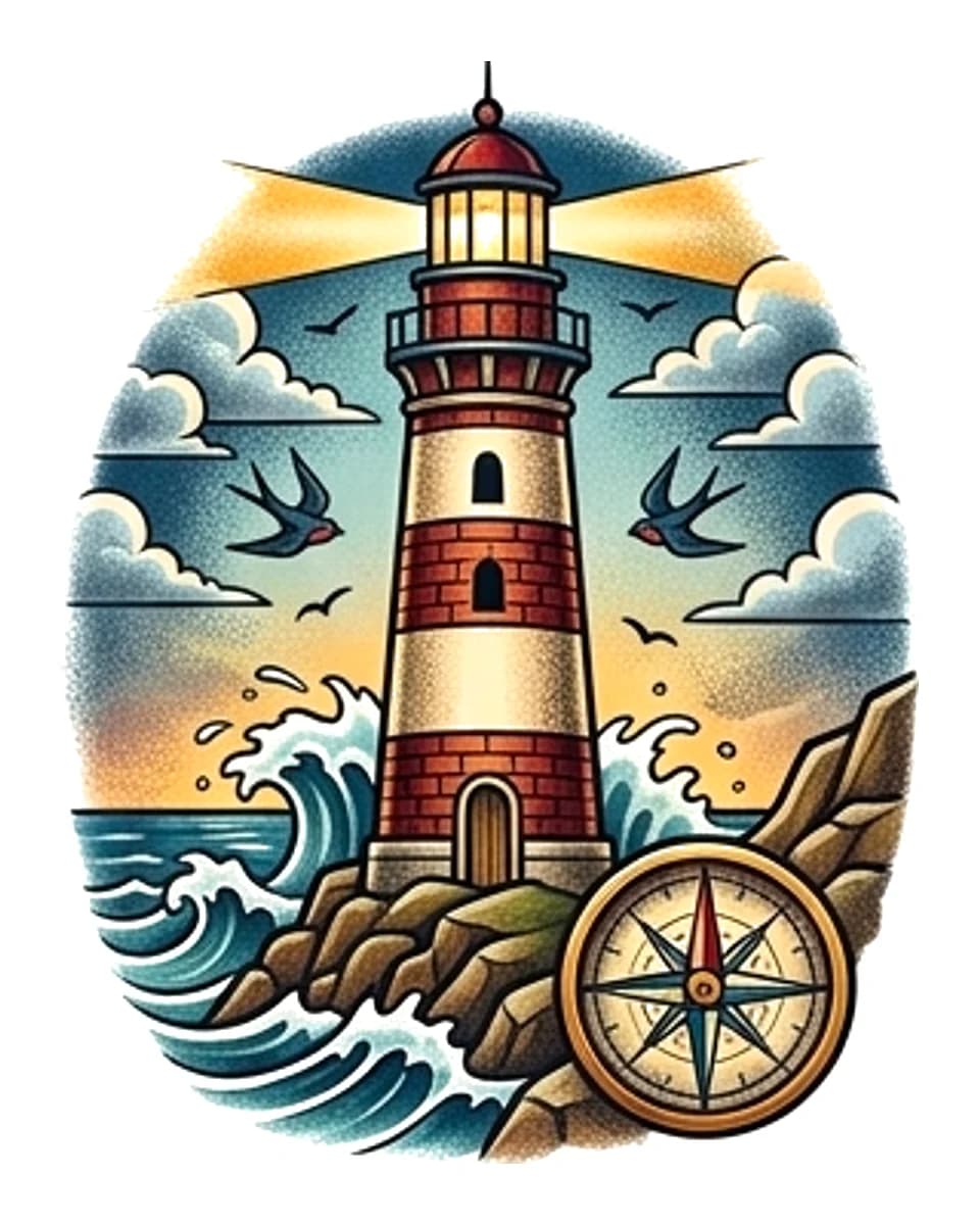 A neo-traditional lighthouse tattoo design with crashing waves, a compass, and swallows in an oval frame.