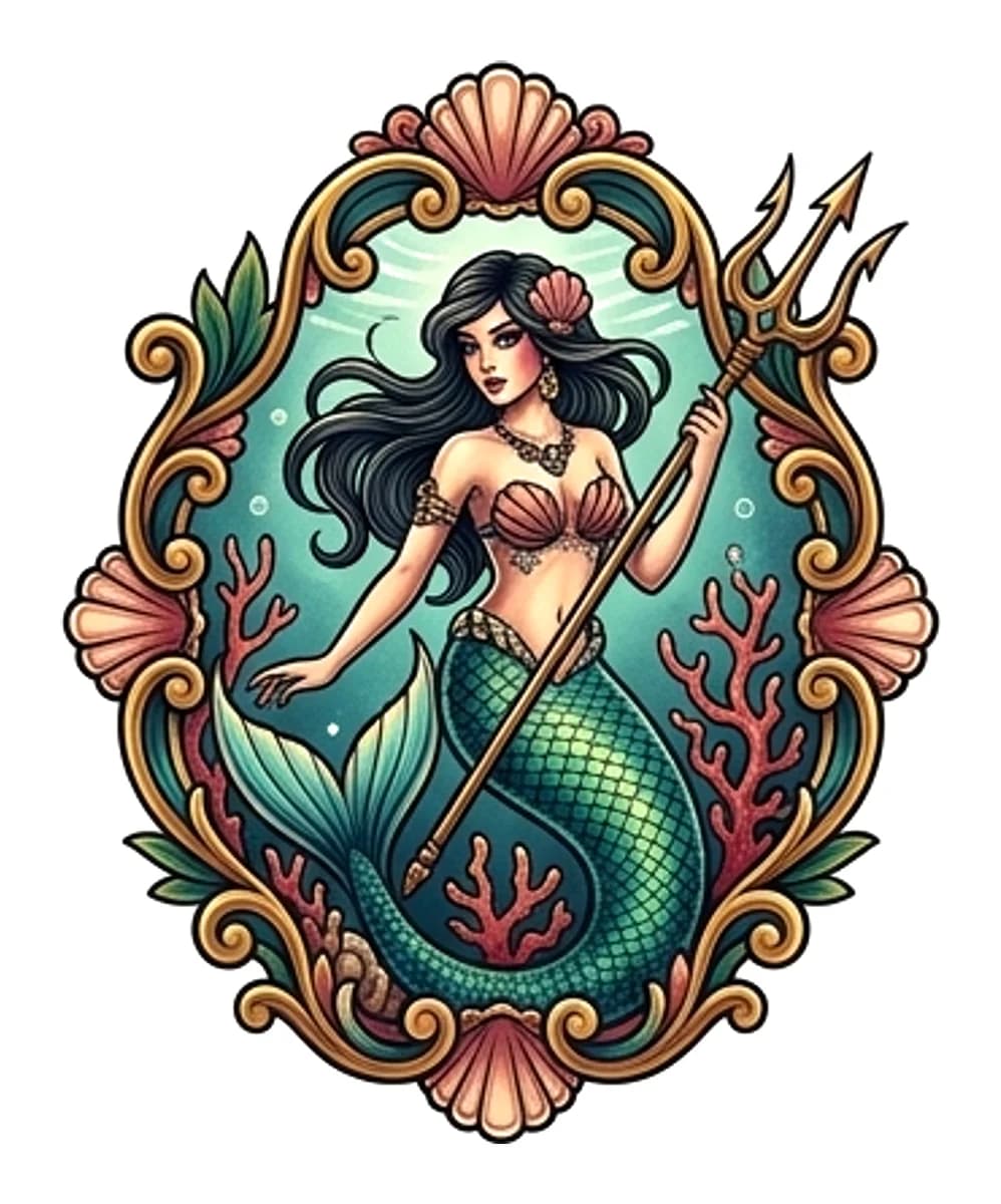 Neo-traditional mermaid holding a trident inside an ornate seashell frame with coral details.