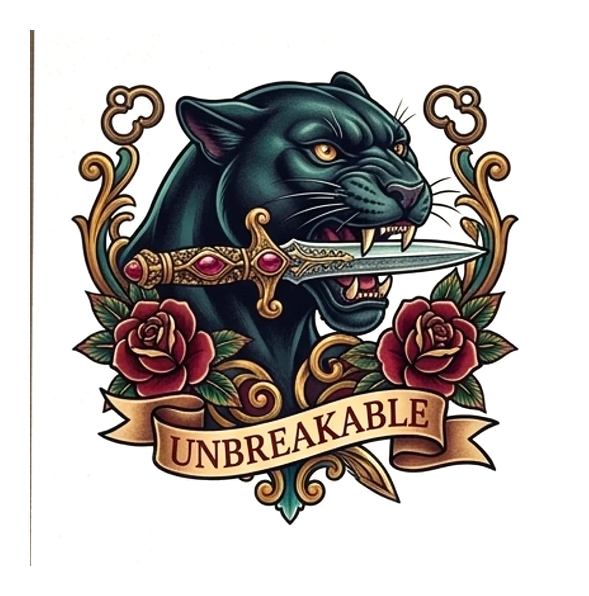 Neo-traditional black panther biting a jeweled dagger surrounded by red roses and an Unbreakable banner.