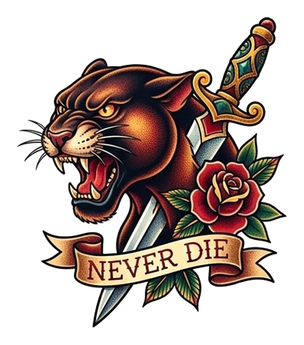Neo-traditional black panther head pierced by a decorative dagger with a red rose and NEVER DIE banner.