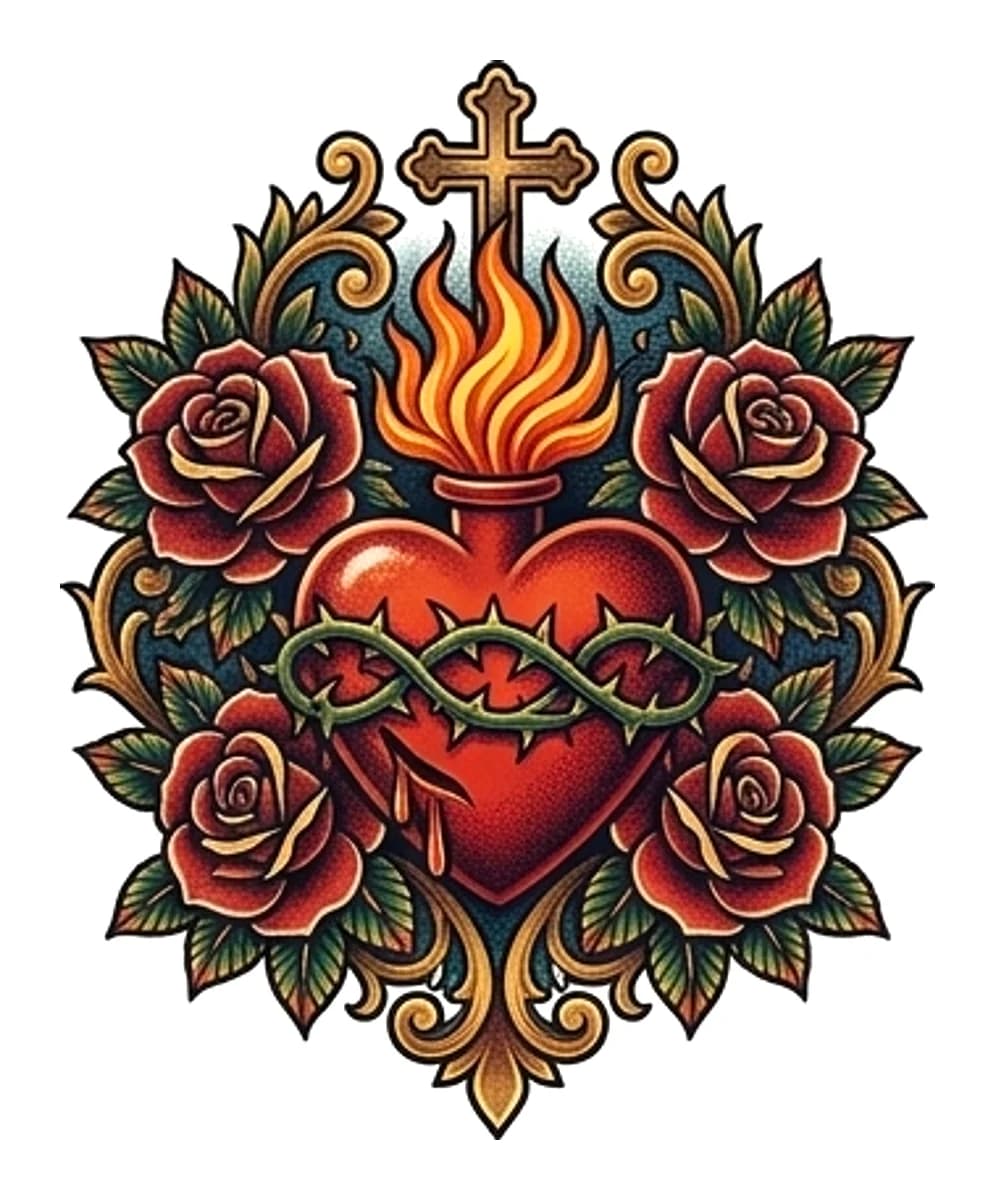 Neo-traditional sacred heart tattoo with cross, flames, red roses, and gold ornate scrollwork.