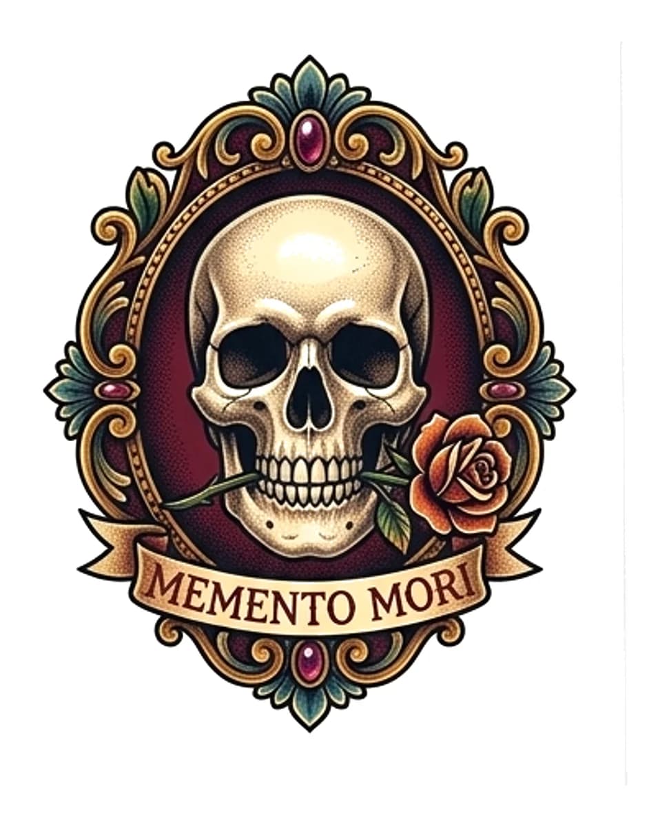 Neo-traditional skull biting a red rose inside an ornate gold frame with Memento Mori banner.
