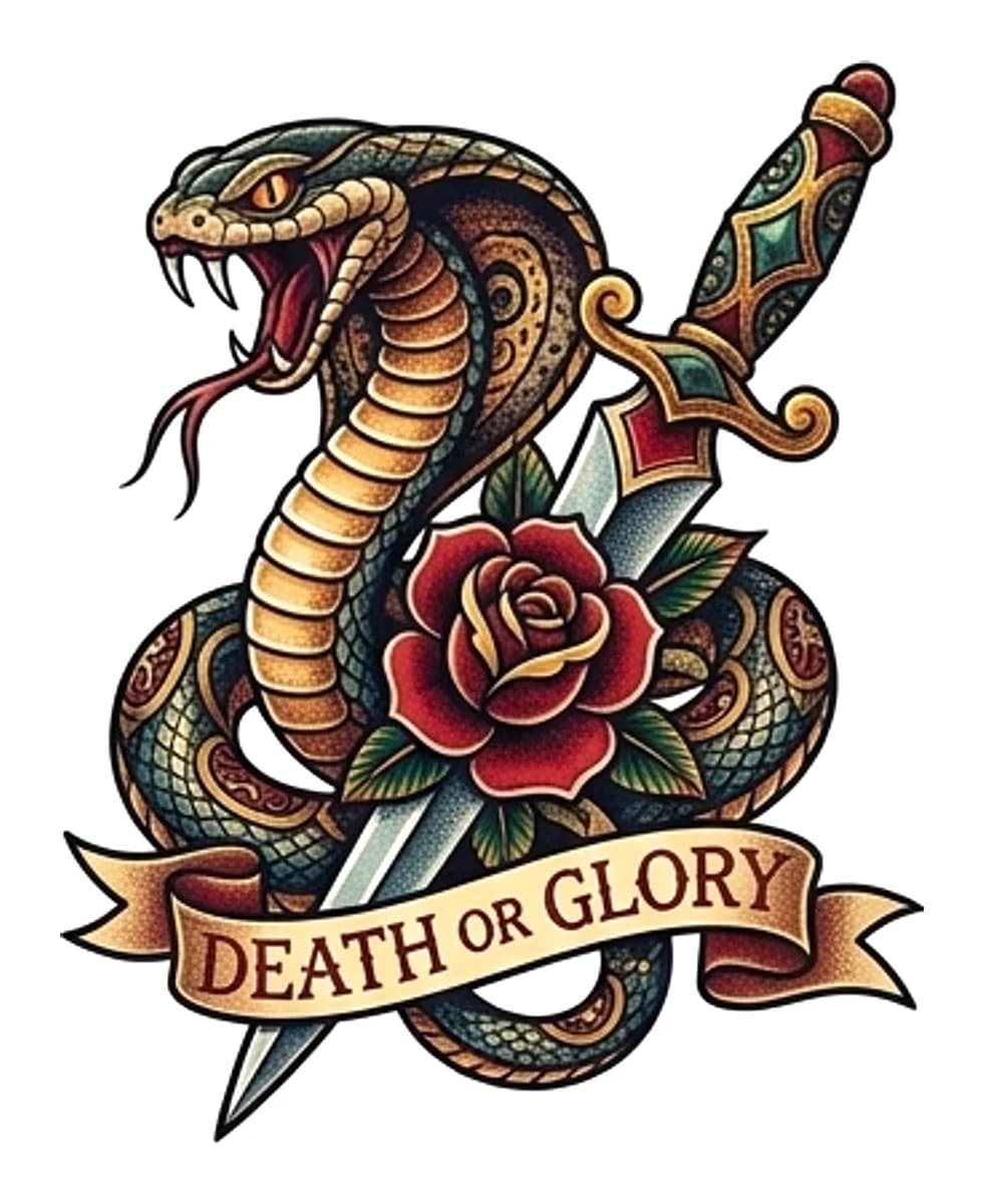 Neo-traditional cobra snake coiled around a ornate dagger through a red rose with a Death or Glory banner.