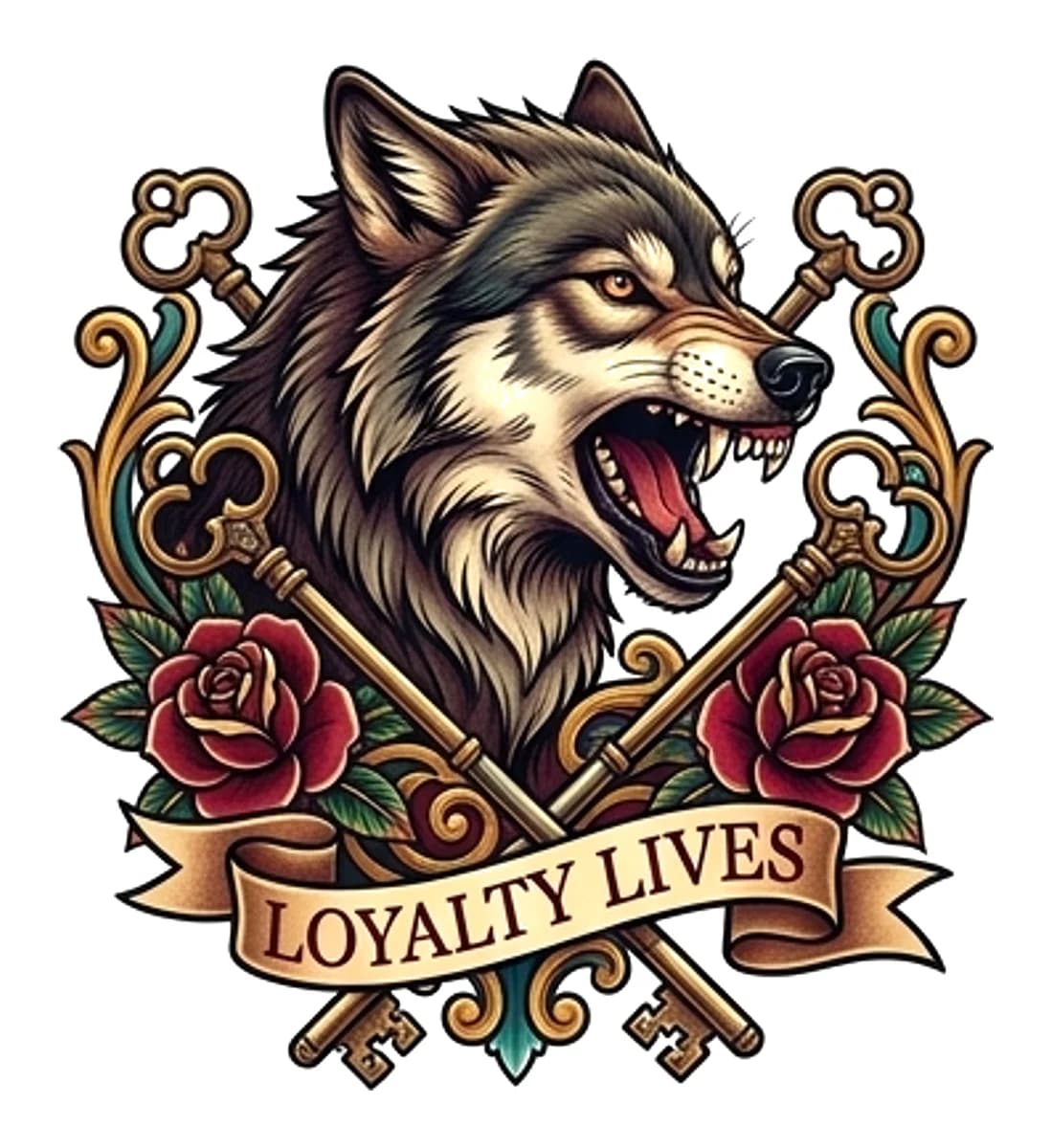 Neo-traditional snarling wolf tattoo design featuring crossed gold keys, red roses, and a banner reading Loyalty Lives.