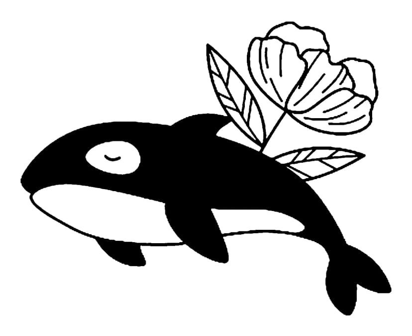 Minimalist blackwork design of a sleeping orca with a peony flower on its back.