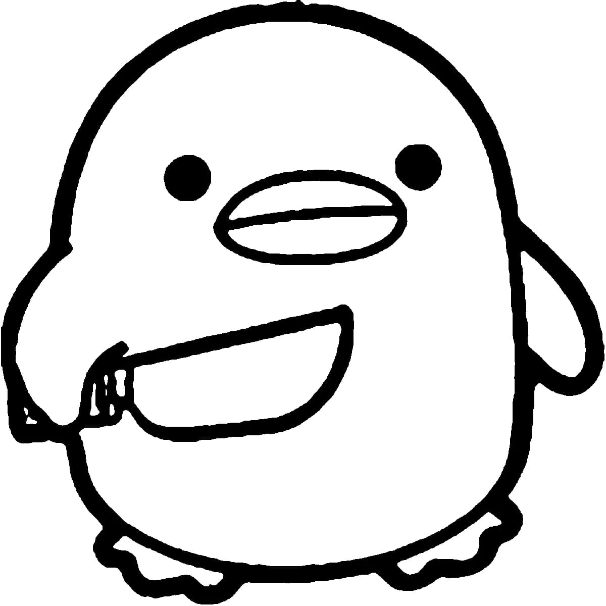 Minimalist black ink tattoo design of a cute, round cartoon penguin holding a kitchen knife.