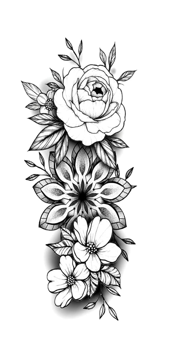 Vertical illustrative blackwork tattoo featuring a peony, a stippled floral mandala, and blooming cherry blossoms.