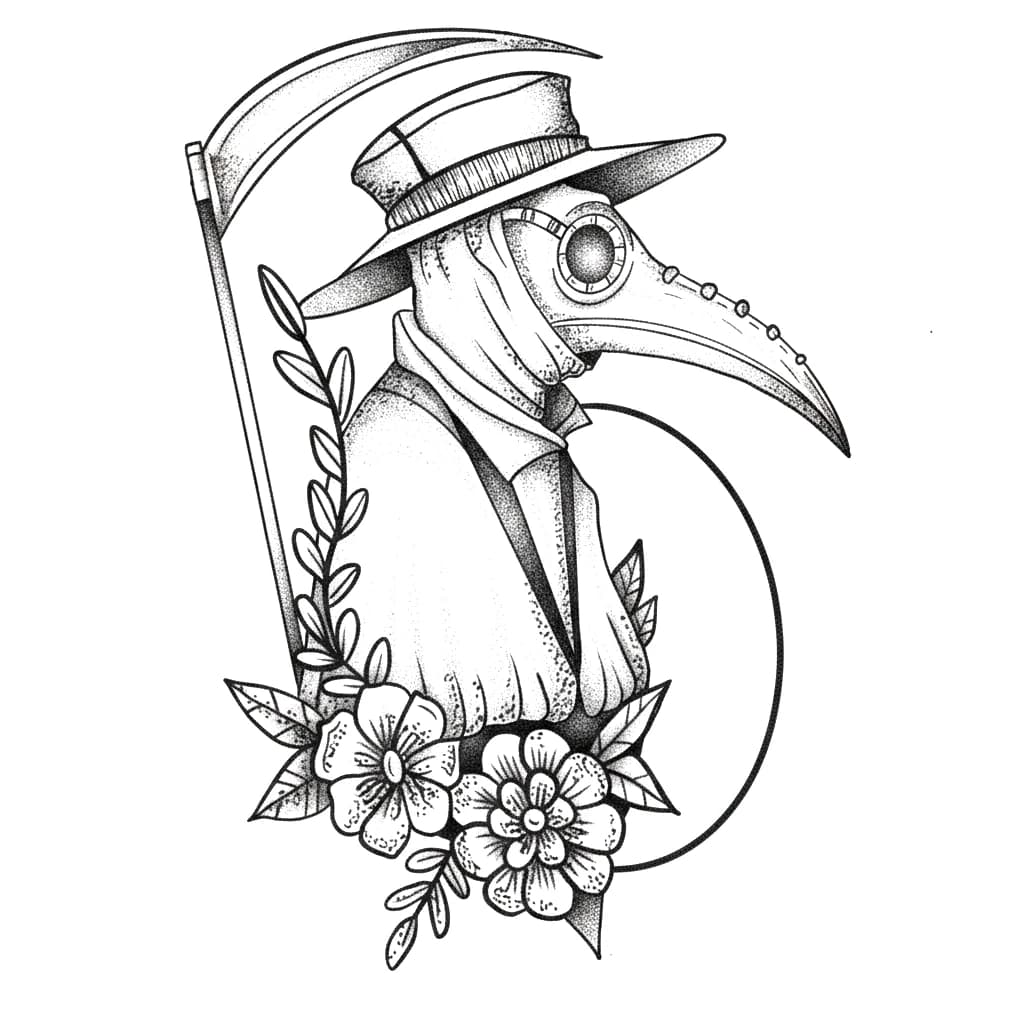 Blackwork stippled tattoo of a plague doctor with a beak mask, wide hat, scythe, and cherry blossoms.