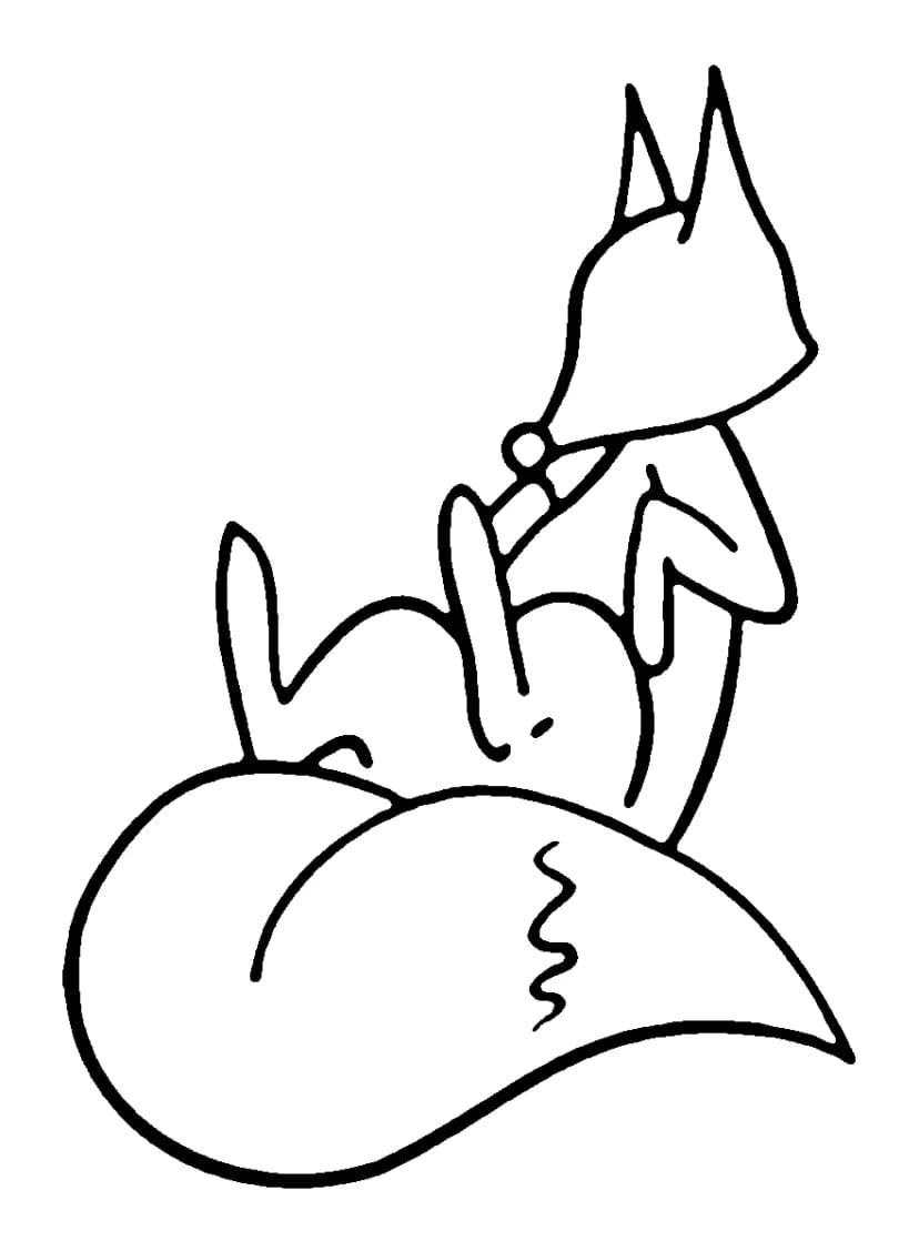 Minimalist black outline tattoo of a playful cartoon fox on its back with a bushy tail.