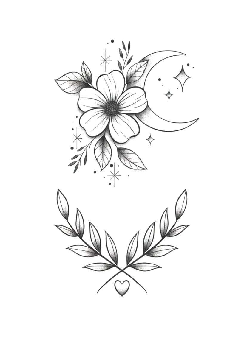 Fine line tattoo design of a plum blossom with a crescent moon and crossed branches.