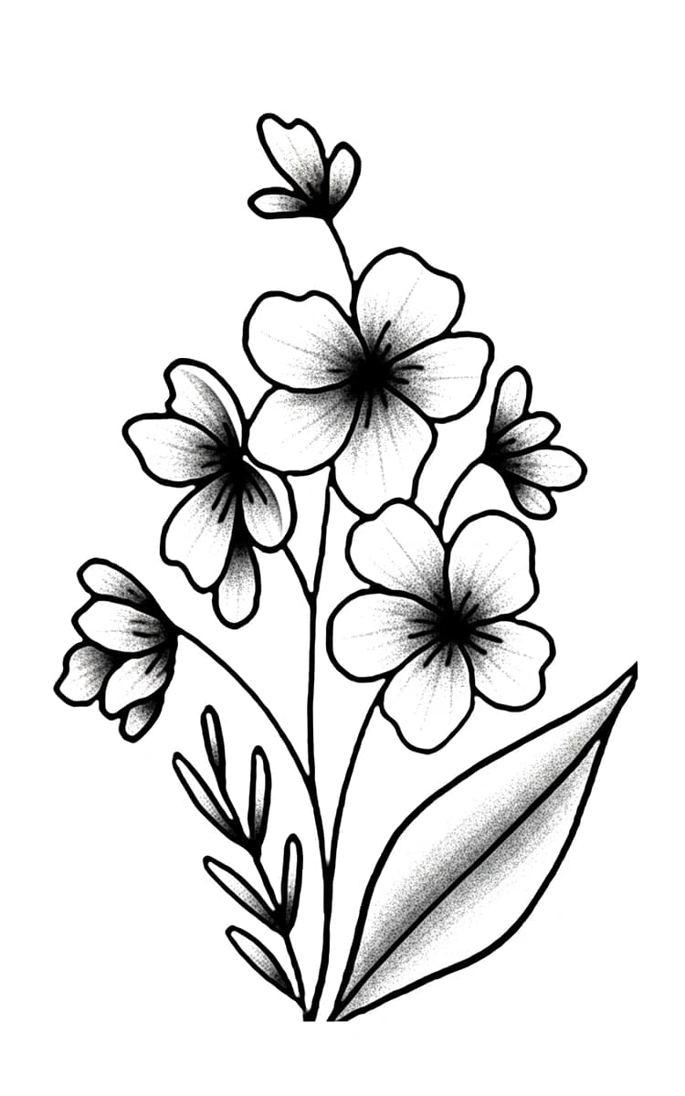 Stippled blackwork tattoo design of blooming plum blossoms with delicate buds and leaves.
