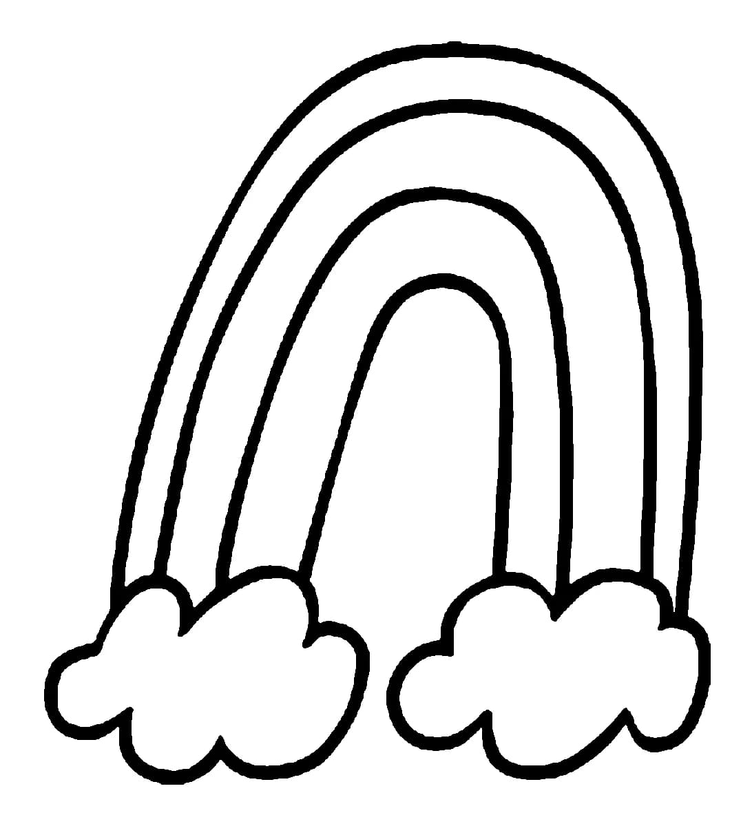 A simple black outline tattoo design of a rainbow arching between two fluffy clouds.