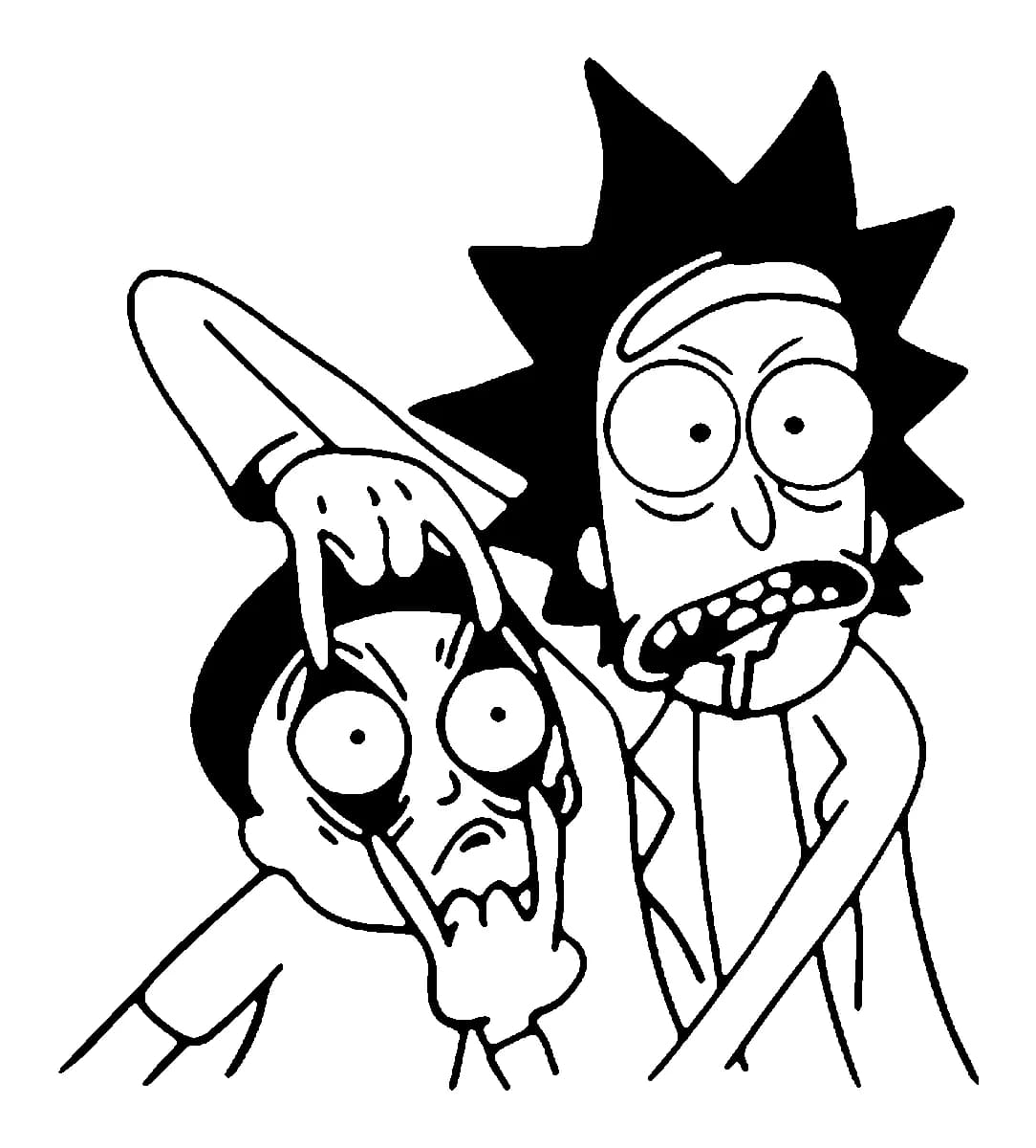 Black and white linework tattoo of Rick holding Morty's eyelids open.