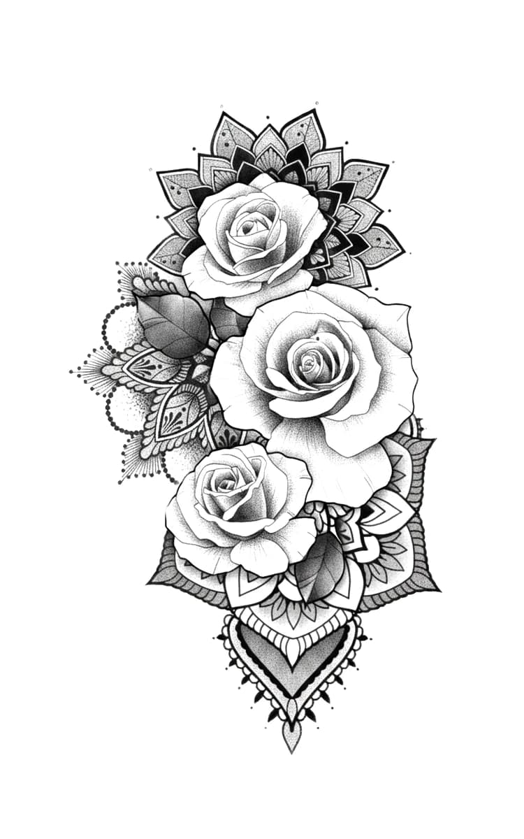 Three stippled roses layered over intricate blackwork mandalas and geometric lace patterns.