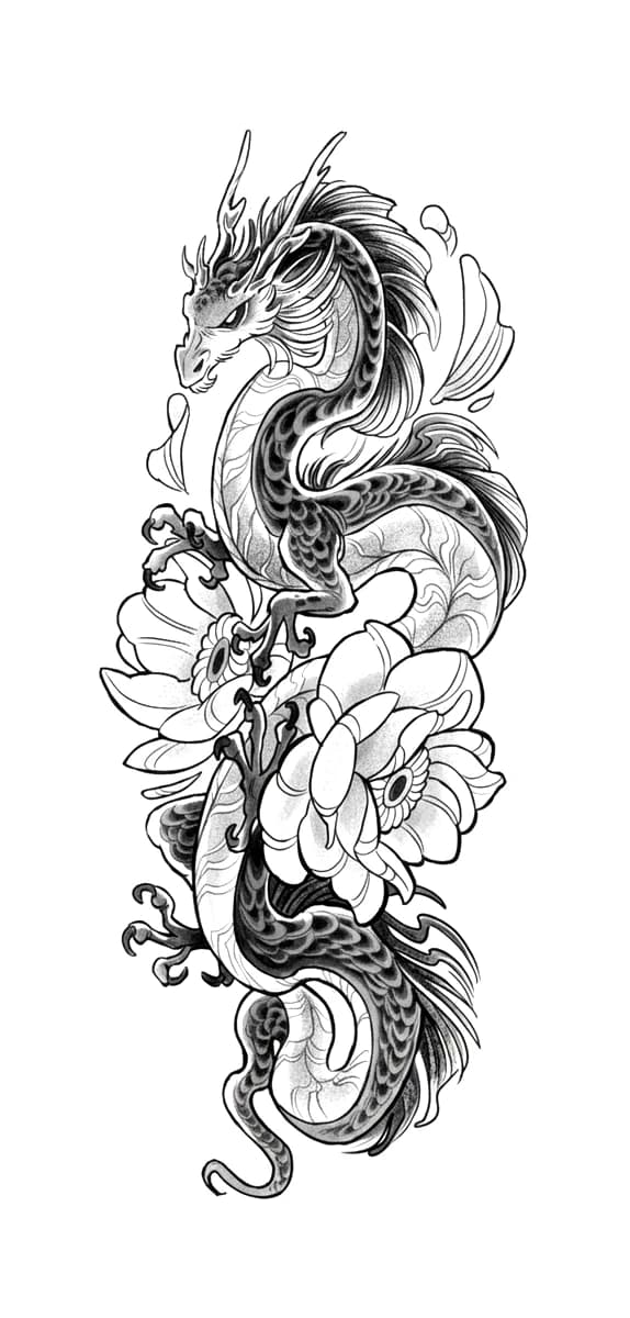 Black and grey Japanese dragon tattoo design entwined with layered peony flowers in an elongated vertical flow.