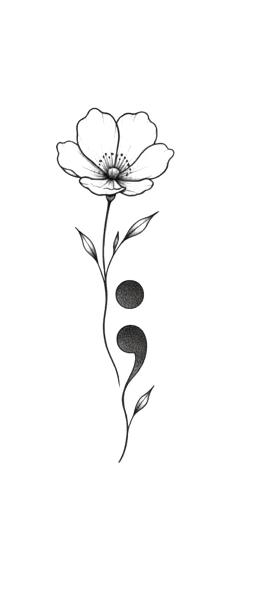 Fine line cherry blossom flower stem integrated with a stippled semicolon symbol on a clean white background.