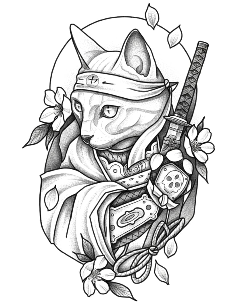 Illustrative blackwork tattoo of a Sphynx cat samurai with a katana and cherry blossoms.