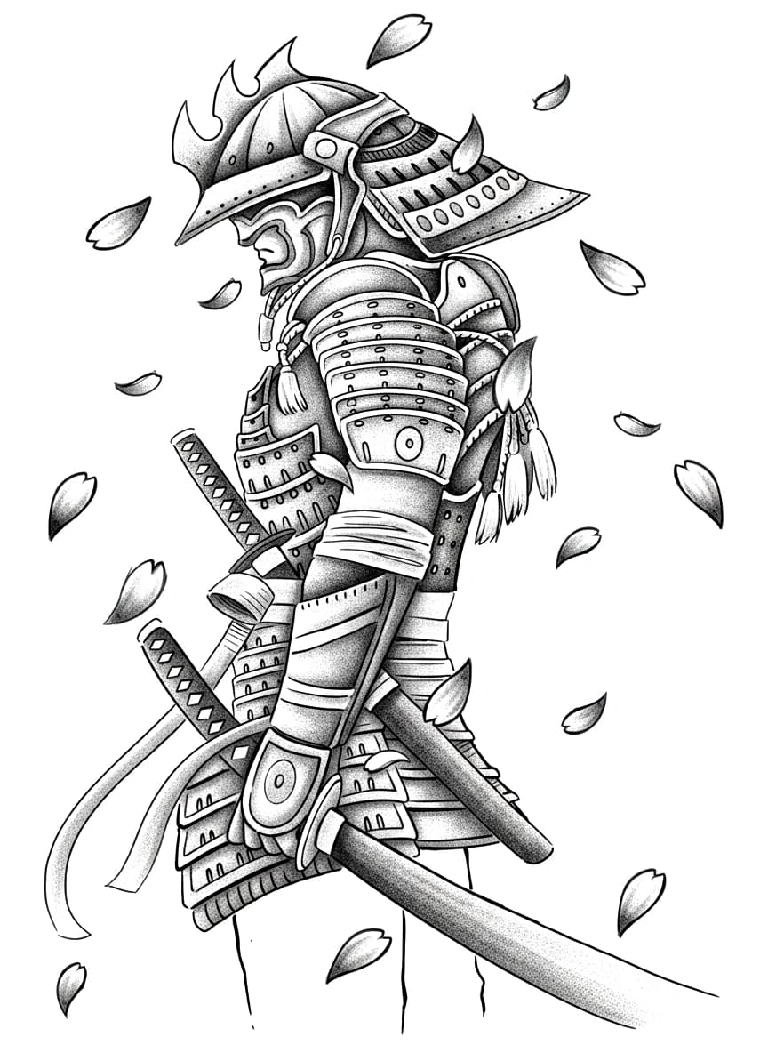 Samurai warrior in detailed traditional armor surrounded by falling sakura petals in blackwork stipple style.