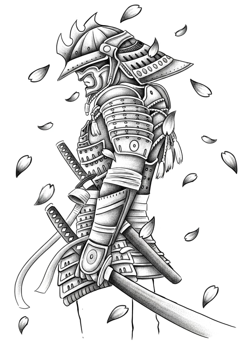 Samurai warrior in detailed traditional armor surrounded by falling sakura petals in blackwork stipple style.