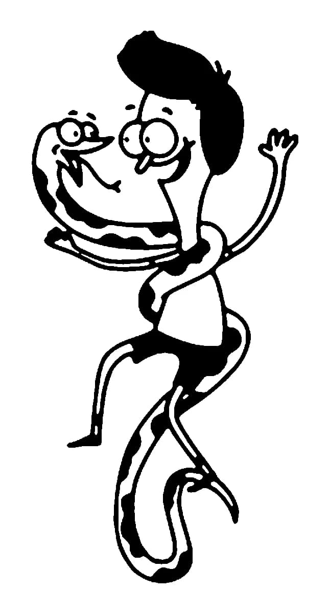 Black and white cartoon tattoo of Sanjay Patel wrapped in his best friend Craig the snake, waving cheerfully.