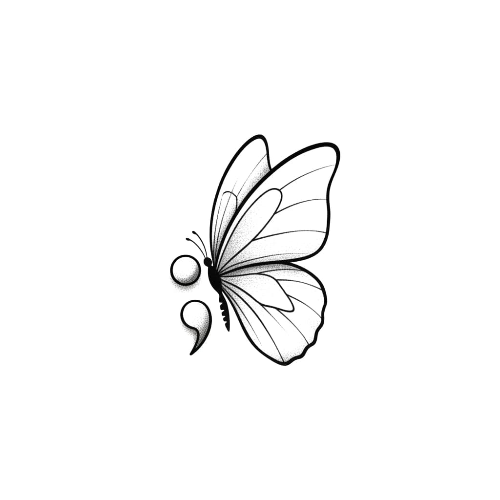 Fine line semicolon butterfly tattoo featuring soft stippled shading and delicate wing contours.