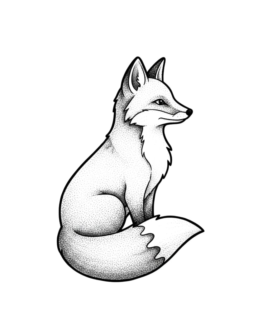 Stippled blackwork tattoo design of a sitting fox in profile.