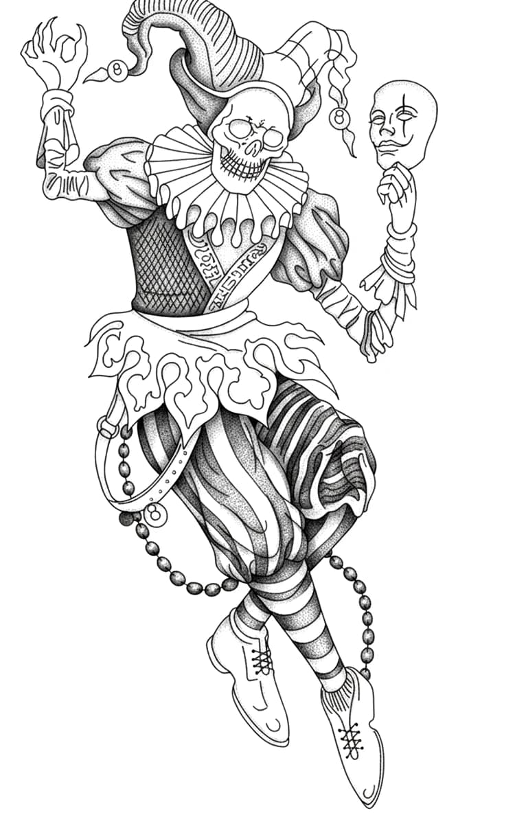 Detailed dotwork tattoo design of a skeletal court jester holding a mask with striped clothes and eight-ball charms.