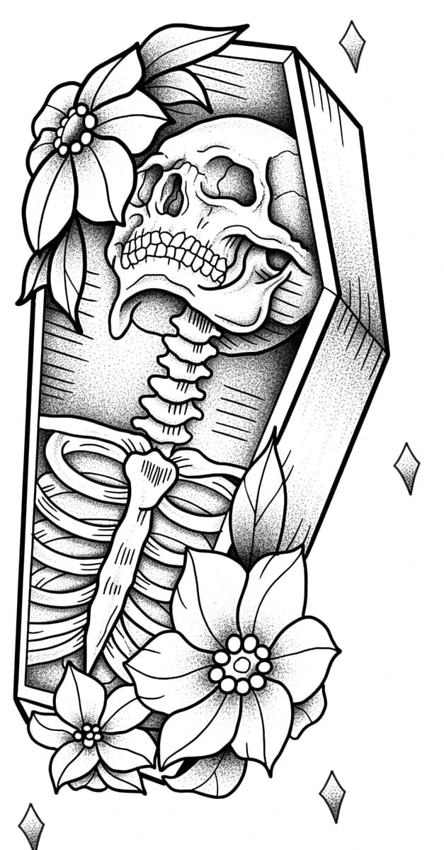 Illustrative blackwork tattoo design of a skeleton resting in a coffin surrounded by large lilies and sparkles.