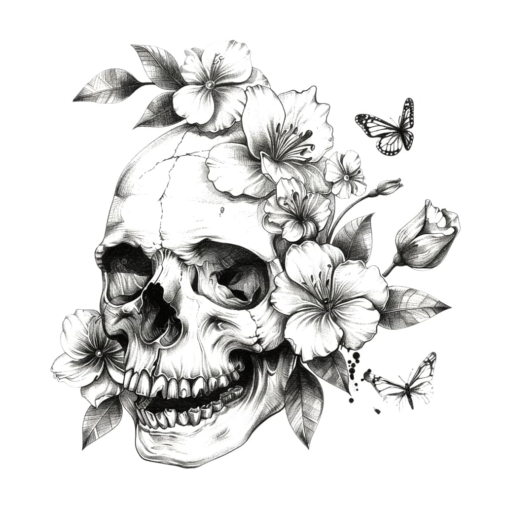 Illustrative blackwork tattoo design of a human skull decorated with cherry blossoms and butterflies.