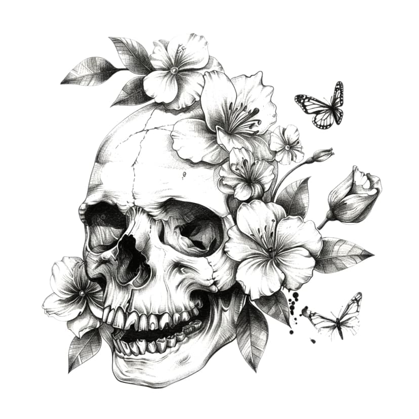 Illustrative blackwork tattoo design of a human skull decorated with cherry blossoms and butterflies.