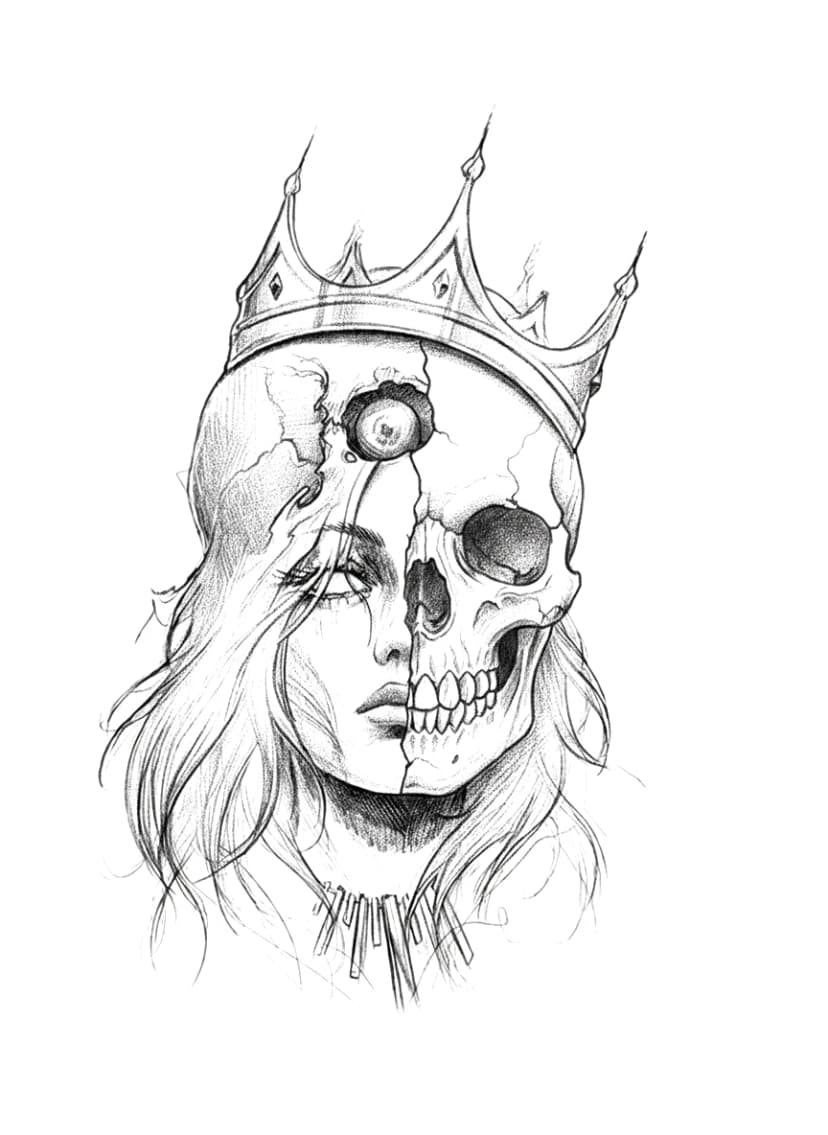Sketch of a split female face and skull wearing a crown with a third eye.