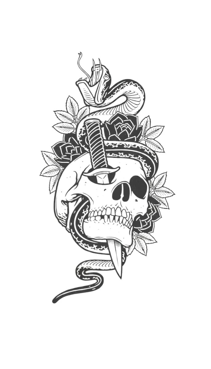 Illustrative blackwork tattoo design featuring a snake wrapping around a skull pierced by a dagger with peony flowers.