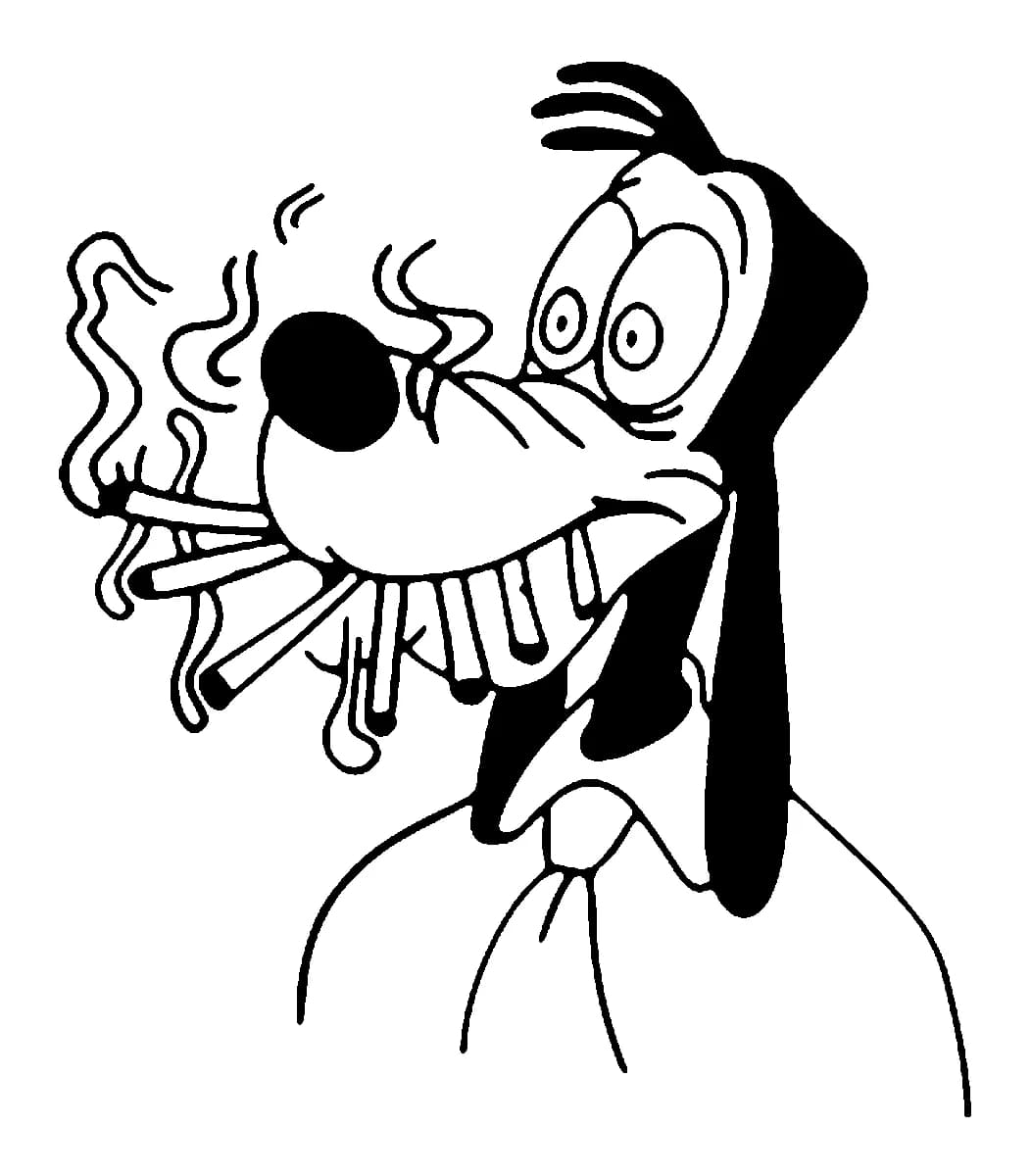 Black ink line art of Disney's Goofy smoking multiple cigarettes.