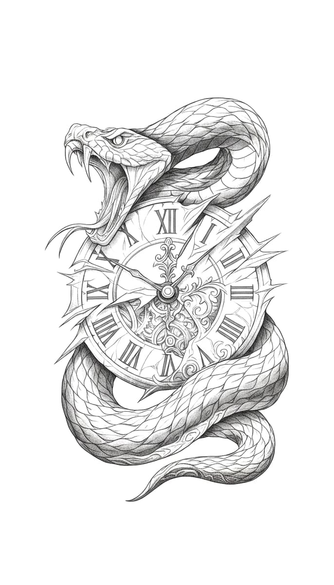 Black and grey tattoo design of a vicious snake with exposed fangs coiled around a Roman numeral clock.