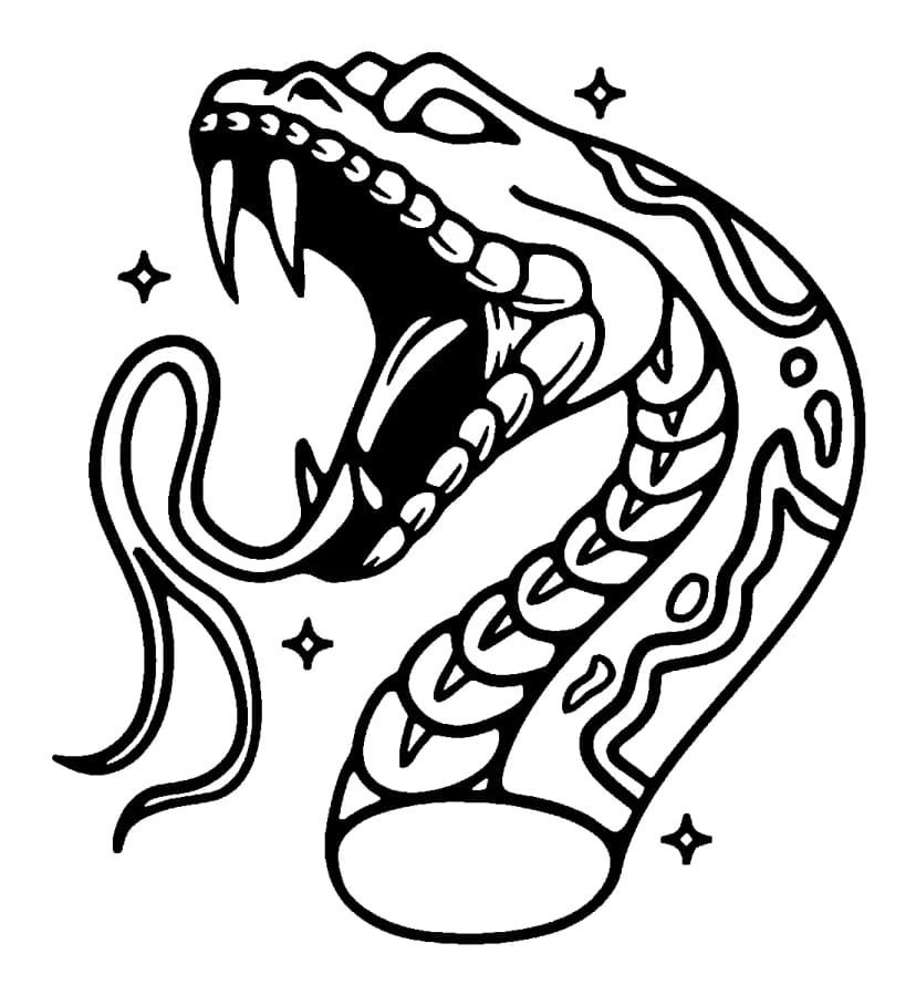 Traditional black ink tattoo of an aggressive snake head with open mouth and sharp fangs.