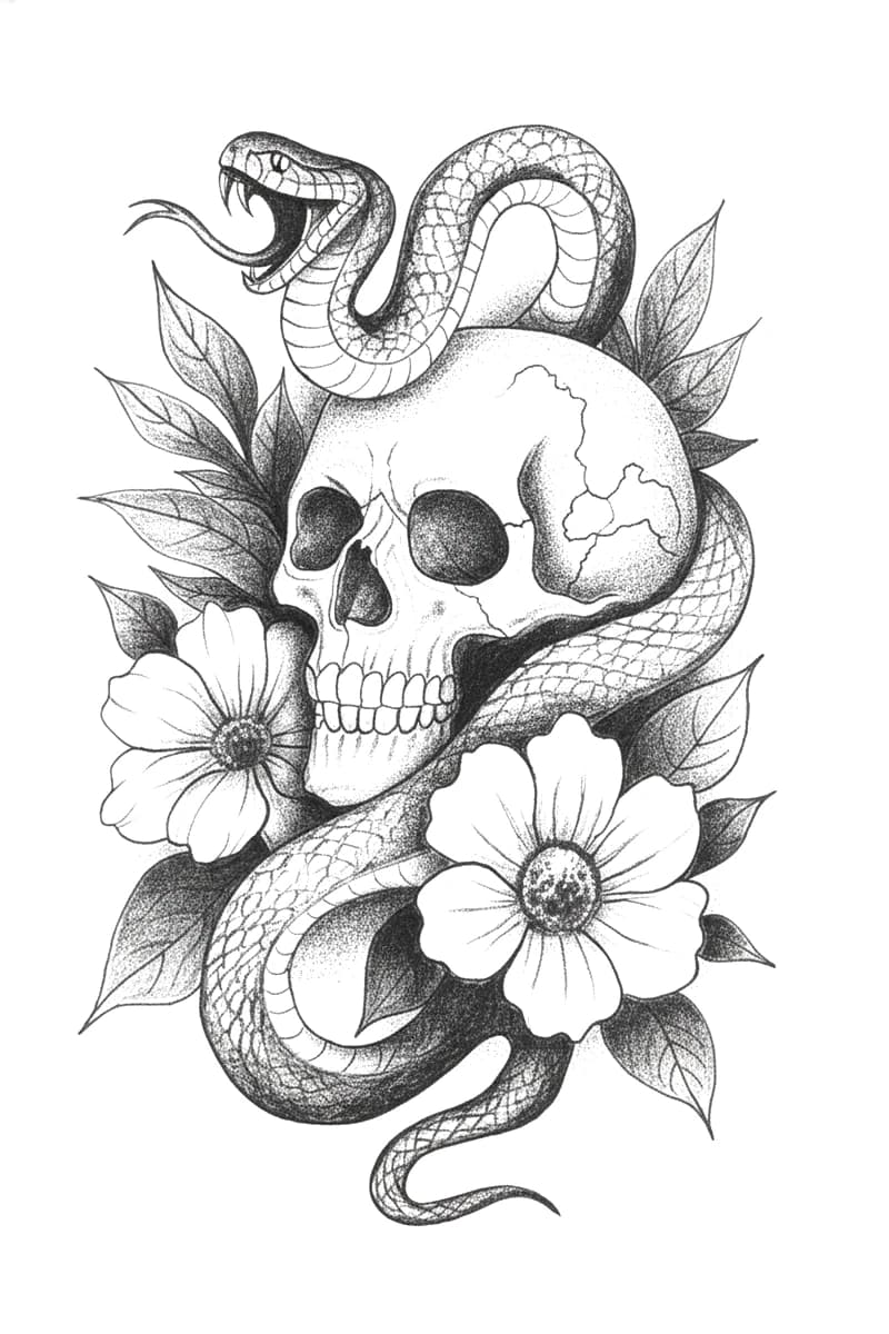 Stippled blackwork tattoo design of a snake wrapping a skull with plum blossoms.